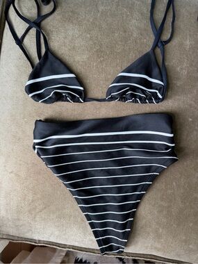 Striped Black & White High-Waist Bikini Set